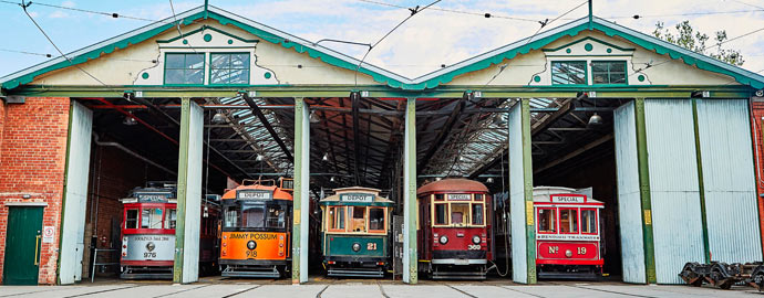 Five trams in a row at the Bendigo Tramways Depot and Workshop